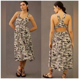 Anthropologie Printed Midi Dress Womens XXS Black White Floral Linen Sleeveless